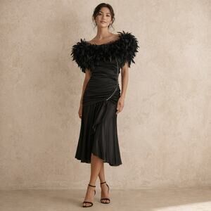 Vintage 80s NWT Abby Kent Feather Trim Cocktail Dress Slinky Stretch S